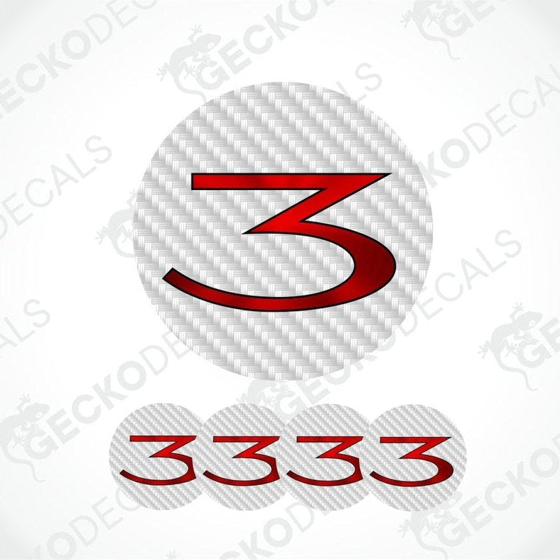 Red number '3' decal on a carbon fiber pattern background with 'Gecko Decals' branding.