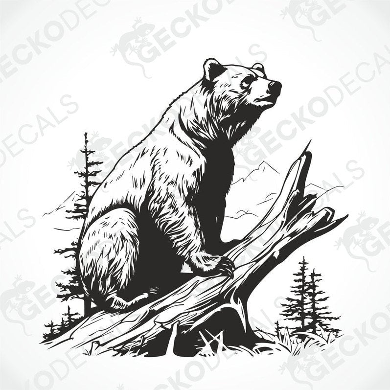 A black and white die cut sticker of a bear sitting on a stump, positioned on the side of a white vehicle.