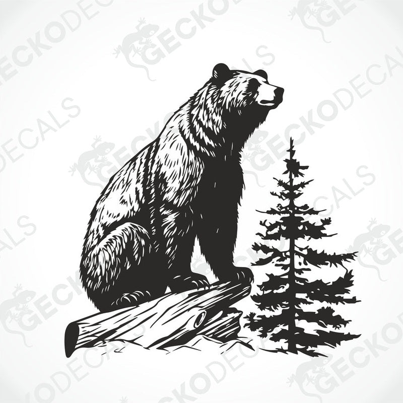 A die cut decal of a bear sitting on a stump, intended for use on vehicles or other surfaces, delivered on transfer paper.