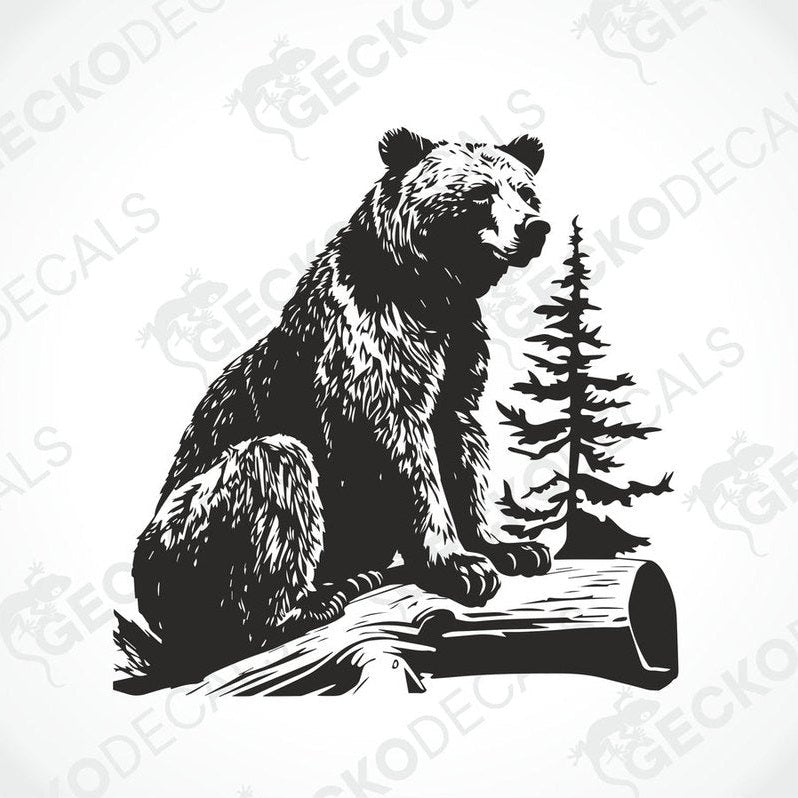 A die cut sticker of a bear sitting on a stump, intended for use as a car decal or sticker.