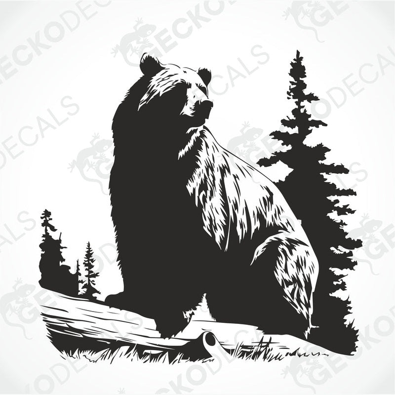 A die cut sticker of a black bear sitting on a stump with a forest backdrop, delivered on transfer paper.