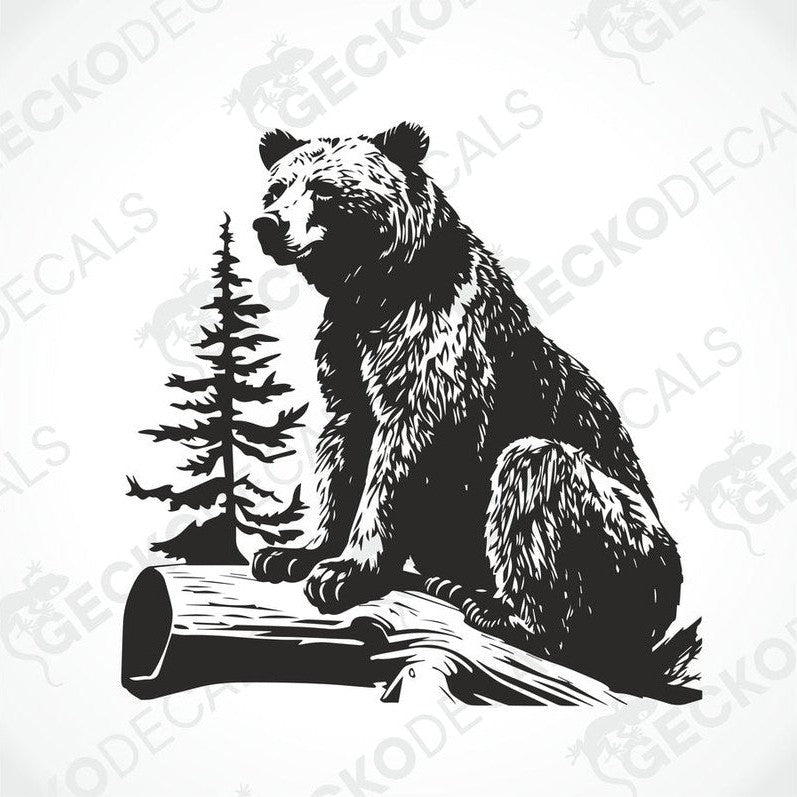 A die cut sticker of a bear sitting on a stump, intended for use as a car decal or sticker.