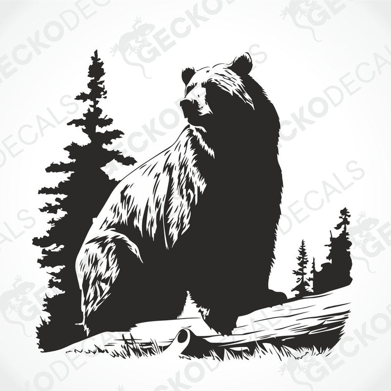 A die cut sticker of a black bear sitting on a stump with a forest backdrop, delivered on transfer paper.