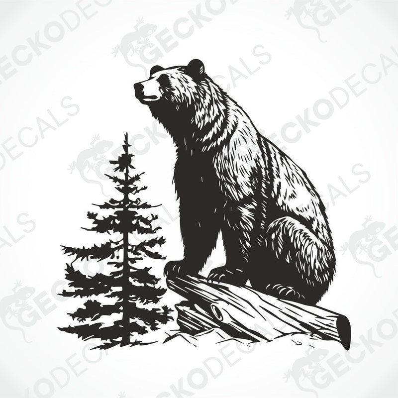 A die cut decal of a bear sitting on a stump, intended for use on vehicles or other surfaces, delivered on transfer paper.