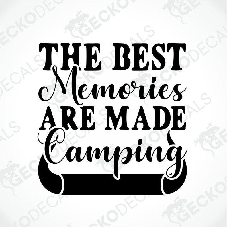 Black die-cut camping decal with campfire silhouette and mixed typography text