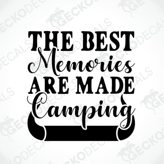 Black die-cut camping decal with campfire silhouette and mixed typography text