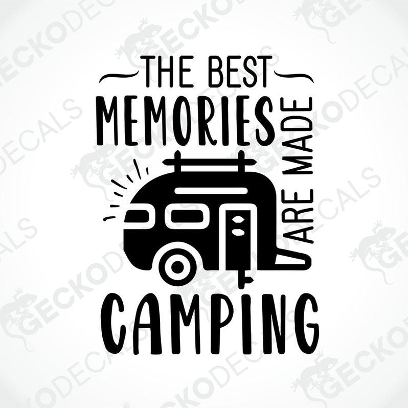 Black die-cut camper van decal with 'The Best Memories Are Made Camping' text for car or laptop