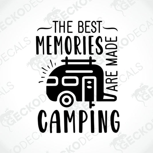 Black die-cut camper van decal with 'The Best Memories Are Made Camping' text for car or laptop