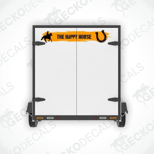 THE HAPPY HORSE decorative sticker applied to white utility trailer door showing fit