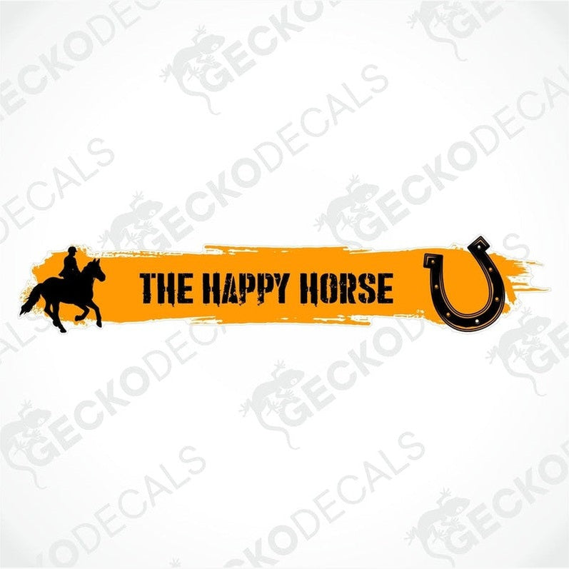 THE HAPPY HORSE laminated decal with horse rider silhouette and horseshoe on orange brushstroke