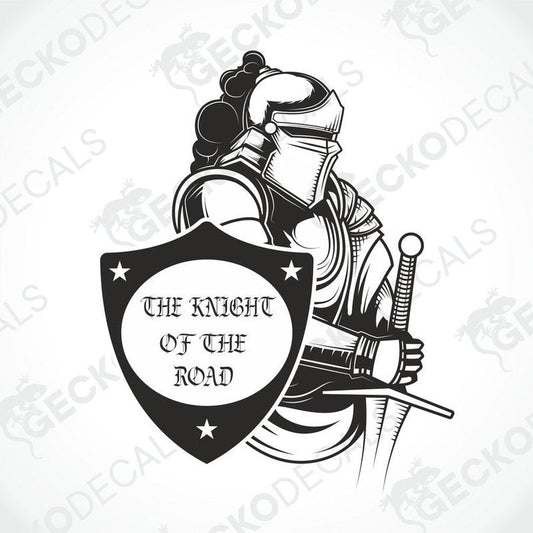 A black and white sticker design featuring a knight holding a shield with the text 'THE KNIGHT OF THE ROAD' on it.