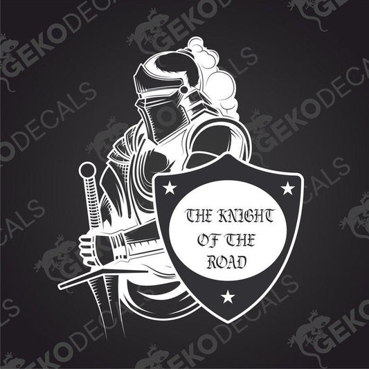 A sticker decal featuring a black and white illustration of a knight riding a horse with the text 'THE KNIGHT OF THE ROAD' below it.