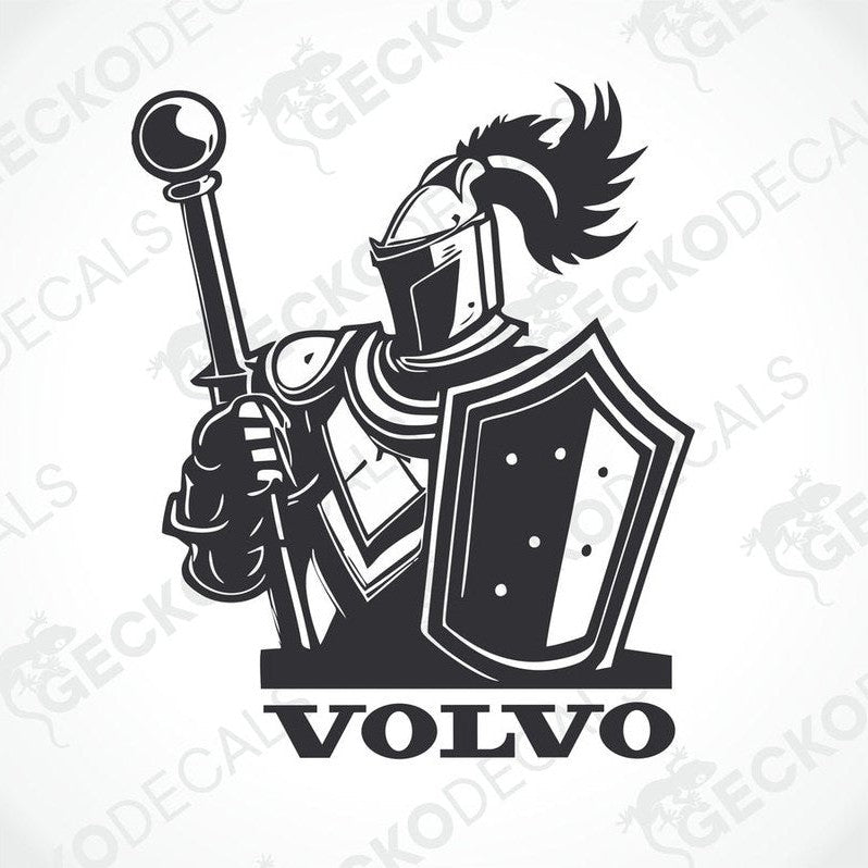 A black and white sticker design featuring a knight holding a shield with the text VOLVO
