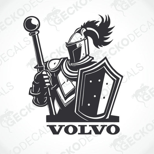 A black and white sticker design featuring a knight holding a shield with the text VOLVO