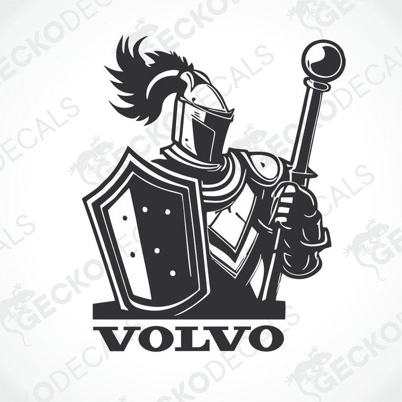 A black and white sticker design featuring a knight holding a shield with the text VOLVO