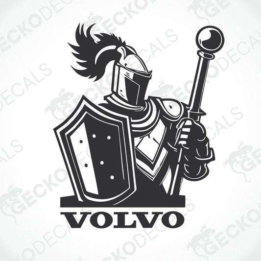 A black and white sticker design featuring a knight holding a shield with the text VOLVO