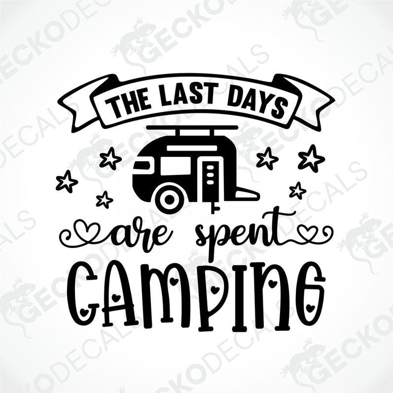 Black die-cut camper decal with stars and hearts for RV or car window