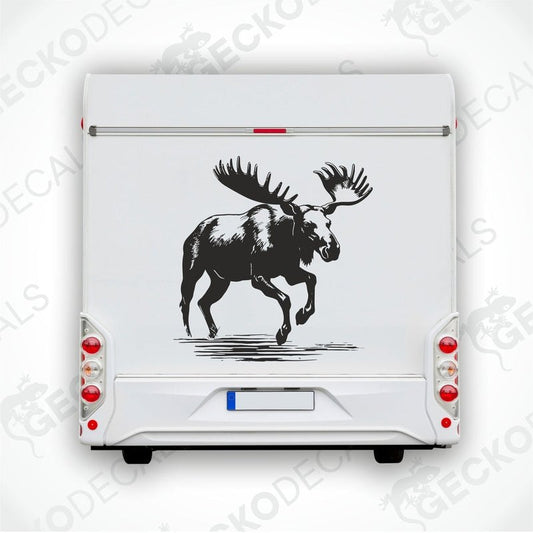 A black and white die cut sticker of a running moose applied on the side of a white car.