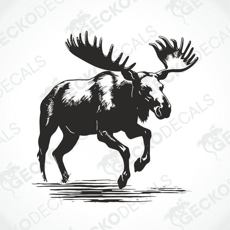 A black and white die cut sticker of a running moose applied on the side of a white car.