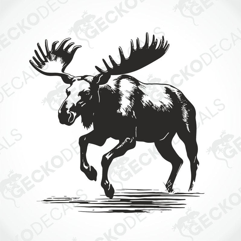 A black and white die cut sticker of a running moose applied on the side of a white car.