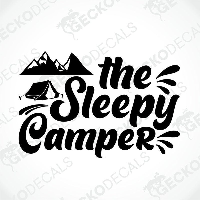 Black die-cut 'The Sleepy Camper' decal with mountain and tent silhouette for camper interior or exterior