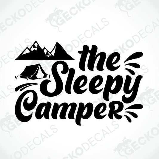 Black die-cut 'The Sleepy Camper' decal with mountain and tent silhouette for camper interior or exterior