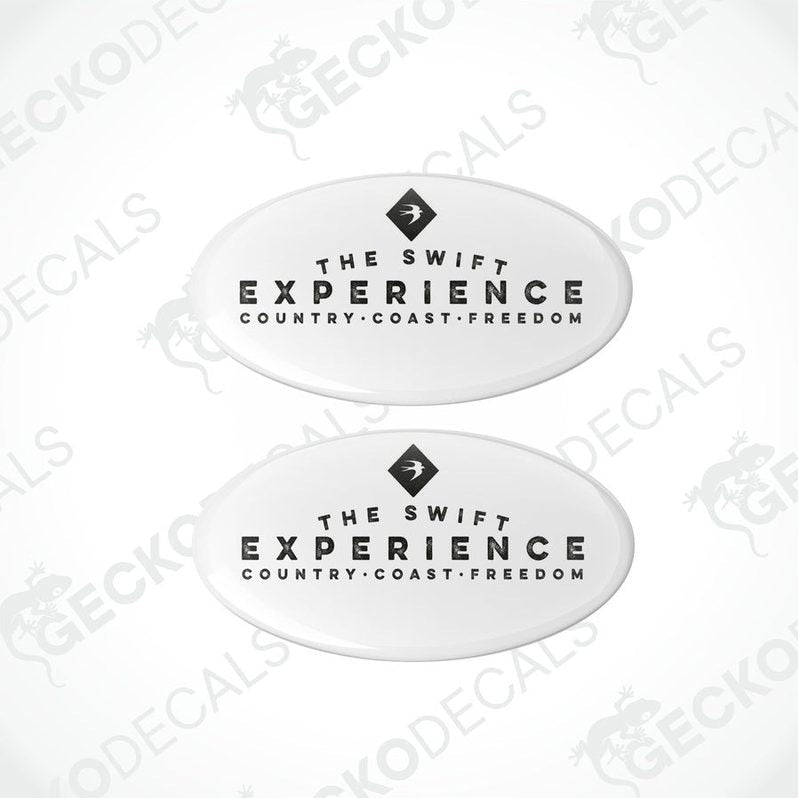 Two white vinyl stickers with 'The Swift Experience' and 'Country Coast - Freedom' text, with a logo depicting a horse and rider on the gecko decals branding.
