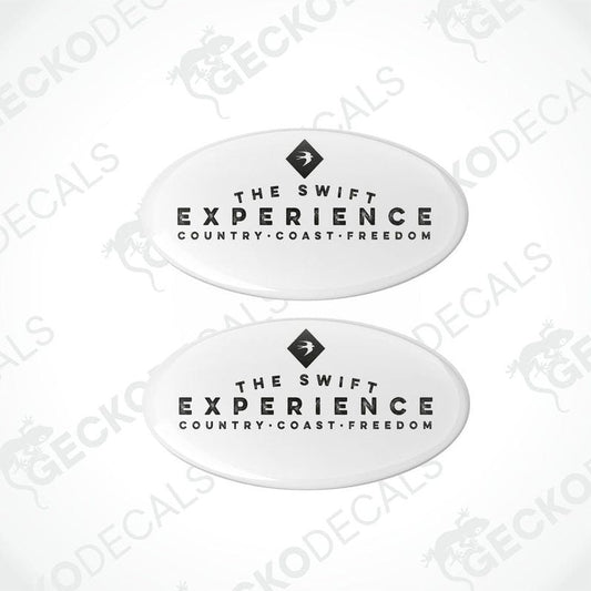 Two white vinyl stickers with 'The Swift Experience' and 'Country Coast - Freedom' text, with a logo depicting a horse and rider on the gecko decals branding.