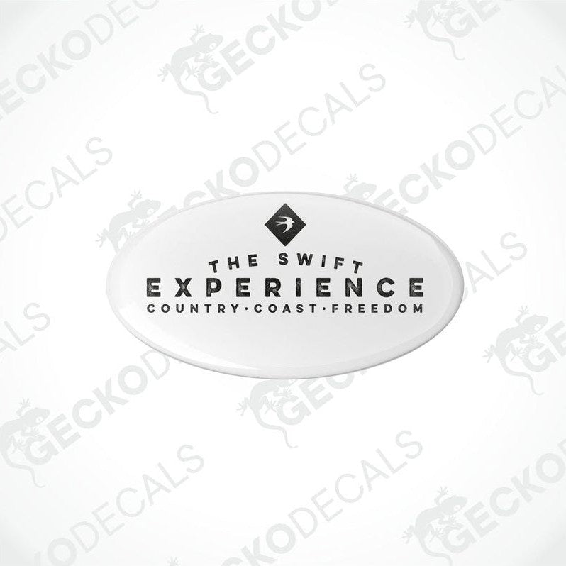 A white vinyl sticker with black text and graphics, including a horse and the text 'THE SWIFT EXPERIENCE'.