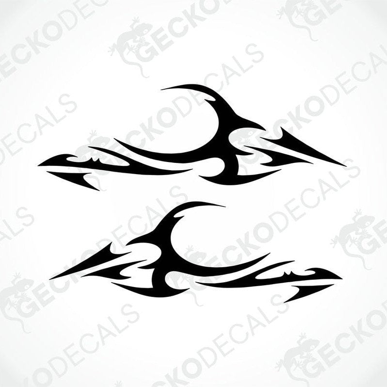 A pair of black tribal patterned decals on a white background, intended for use on vehicles.