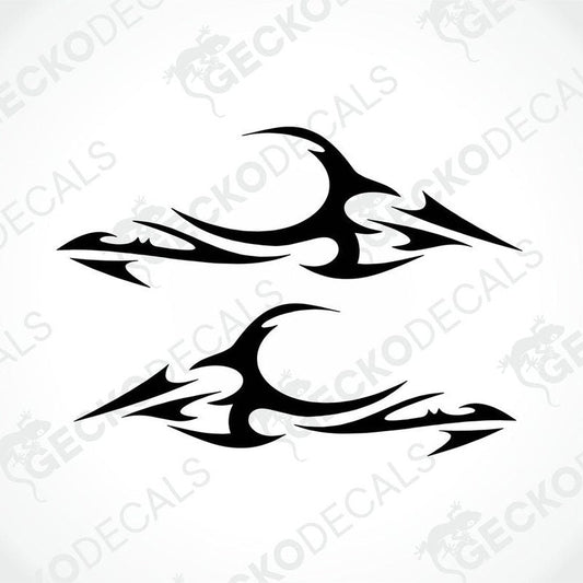 A pair of black tribal patterned decals on a white background, intended for use on vehicles.