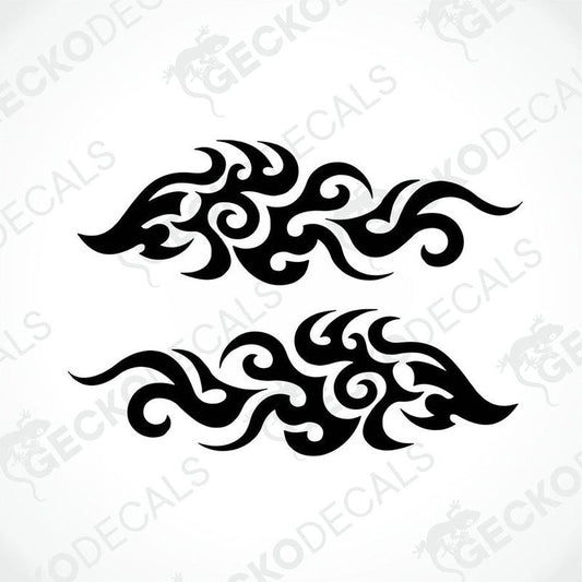 A pair of black tribal patterned decals on a white background, intended for use on vehicles.