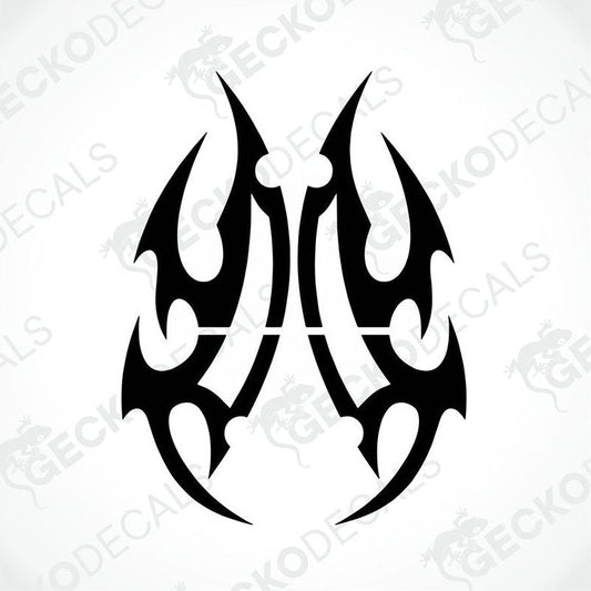A pair of black tribal design decals on a white background, intended for use on vehicles.