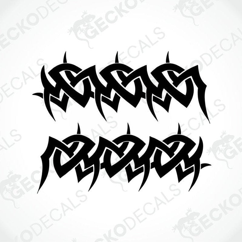 A set of black tribal patterned decals on a white background, designed for use on vehicles.