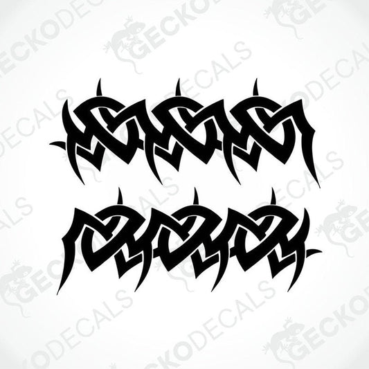A set of black tribal patterned decals on a white background, designed for use on vehicles.