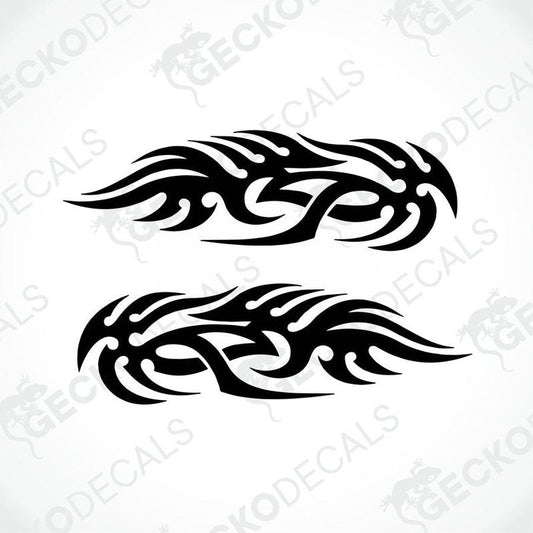 A pair of black tribal patterned decals on a white background, intended for use on vehicles or other surfaces.