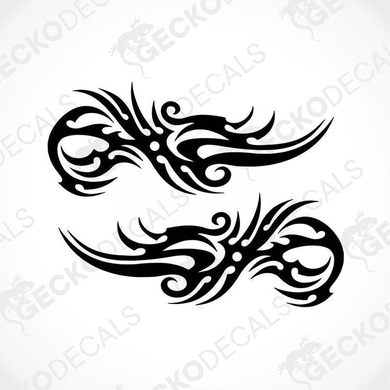 A pair of black tribal patterned decals on a white background, intended for use on vehicles.