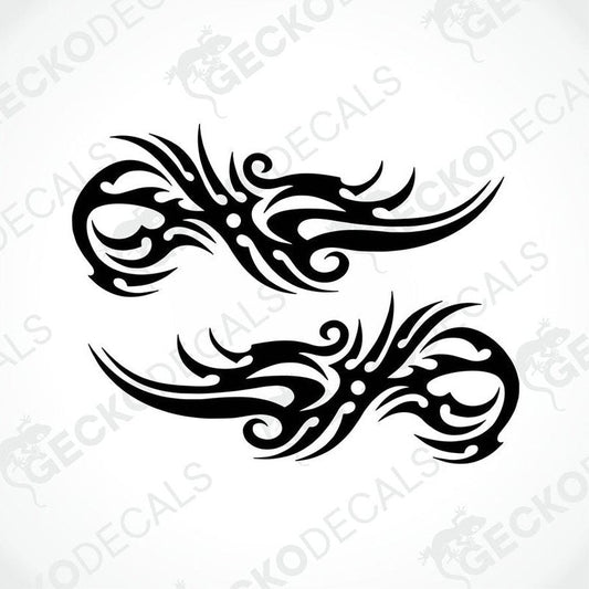 A pair of black tribal patterned decals on a white background, intended for use on vehicles.
