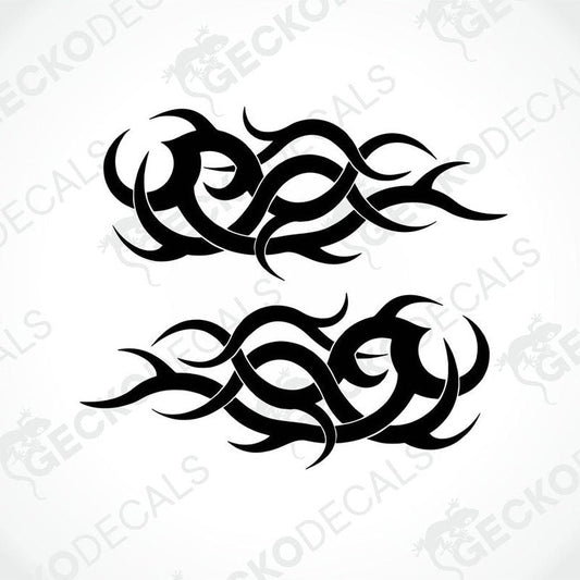 Two black and white tribal decals for vehicles, displayed on a white background.
