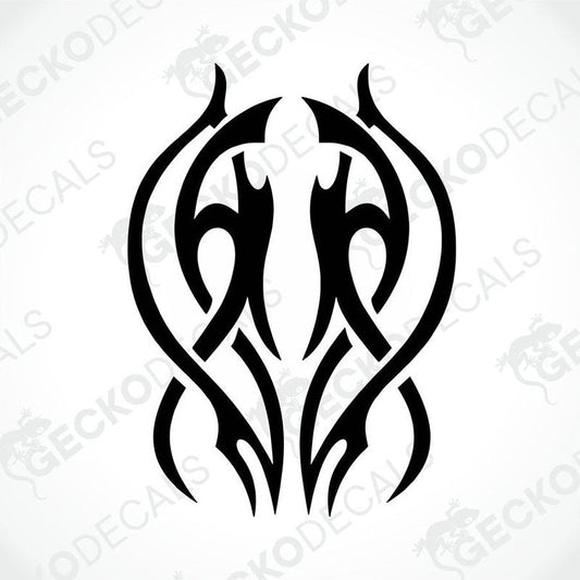 A black vehicle decal with a geometric tribal pattern design.
