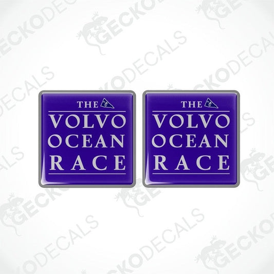 Two square blue vinyl decals with the text 'THE VOLVO OCEAN RACE' printed in white.