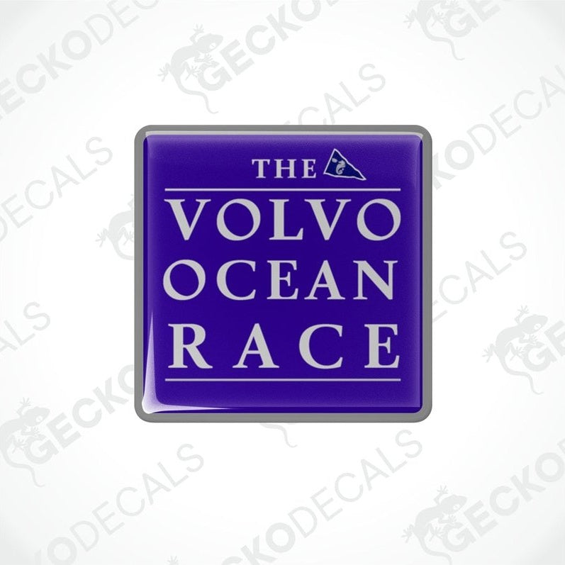 Square blue vinyl decals with the text 'THE VOLVO OCEAN RACE' printed in white.