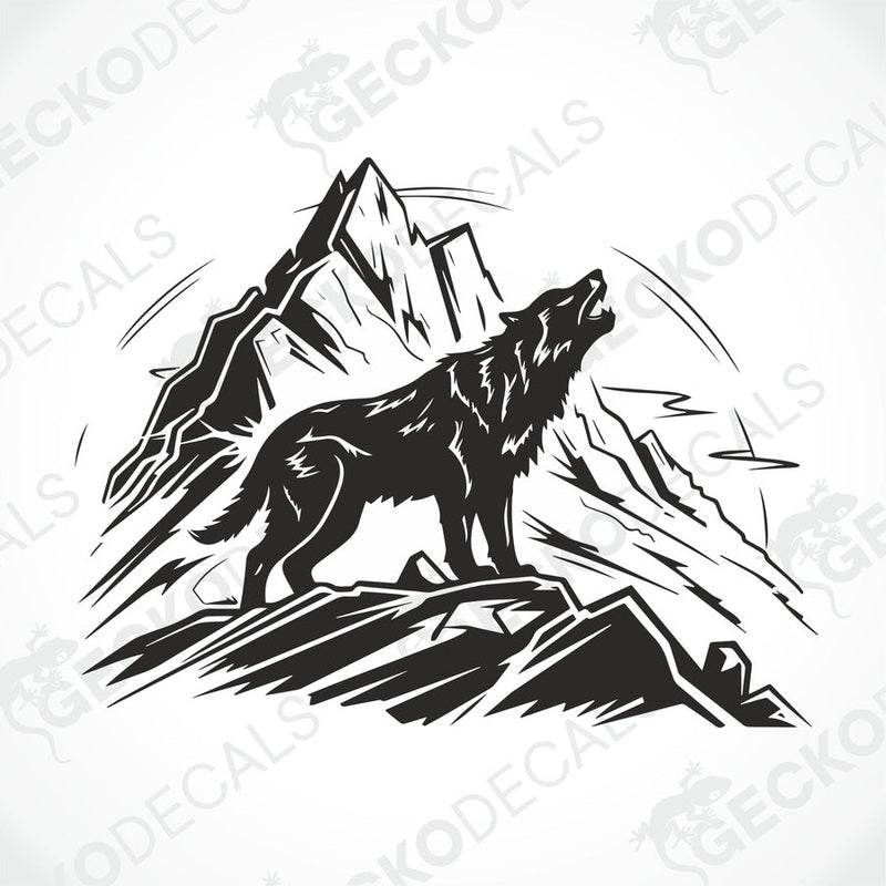 A decal of a wolf howling in a mountainous landscape, delivered on transfer paper.