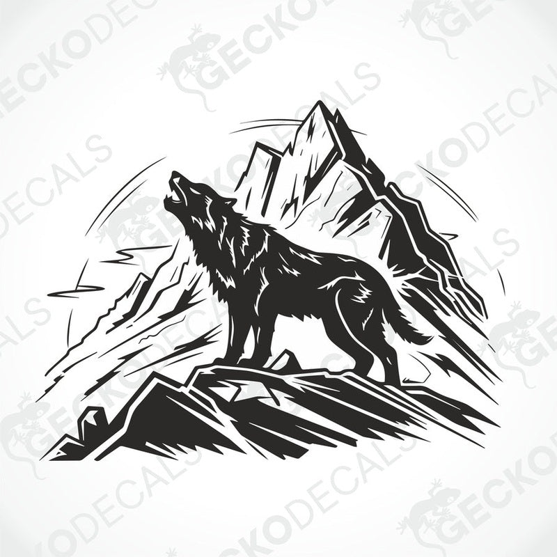 A decal of a wolf howling in a mountainous landscape, delivered on transfer paper.