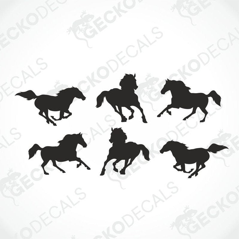 A set of black die cut decals of three horses running, provided by Gecko Decals.