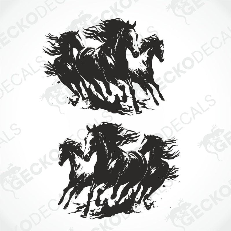 A black trailer with a die cut decal featuring three running horses on the side.