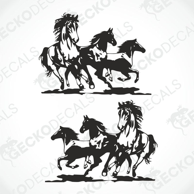 A decal of a horse in a mountainous landscape, displayed on a vehicle.
