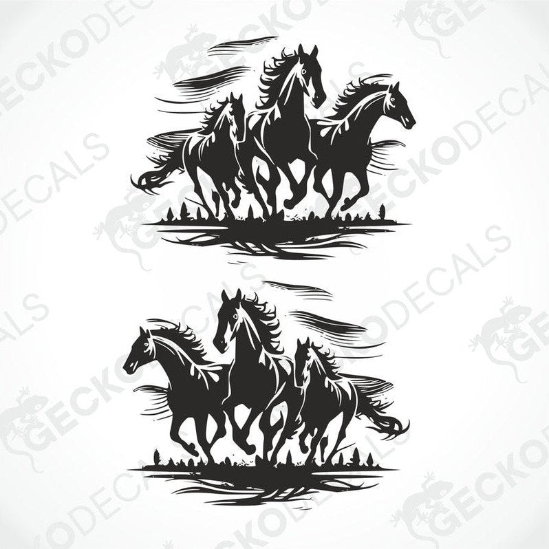 A black trailer with a die cut decal featuring three running horses on the side.