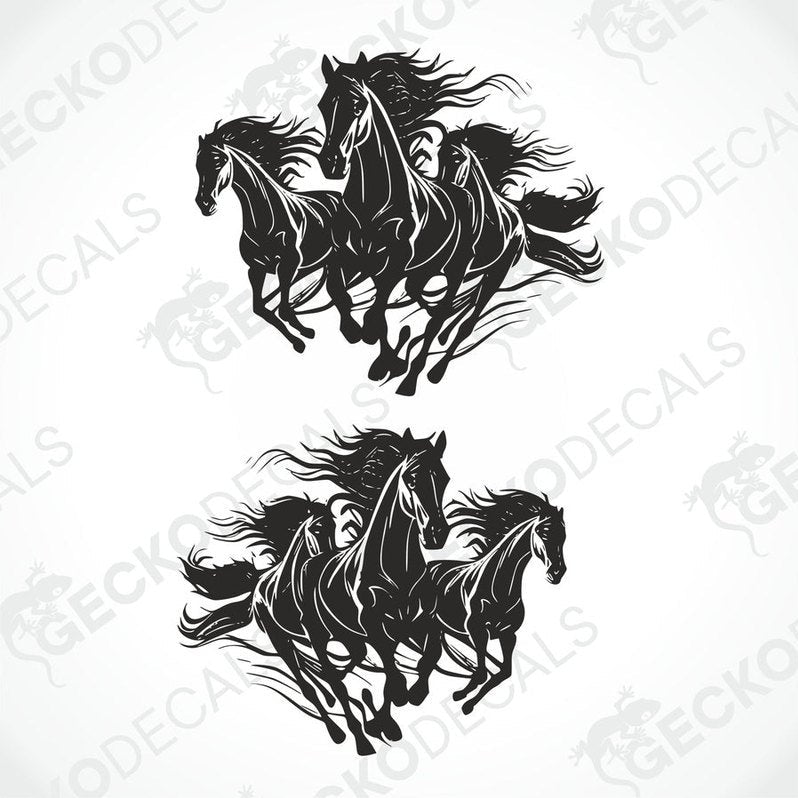 A set of two black and white decals of three running horses each, with the brand 'GECKODECALS' displayed.