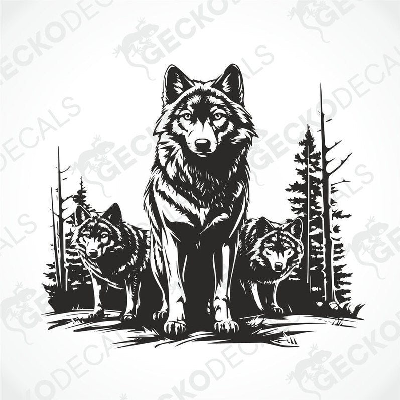 A black decal of three wolves in a forest setting, positioned on the rear of a white vehicle.
